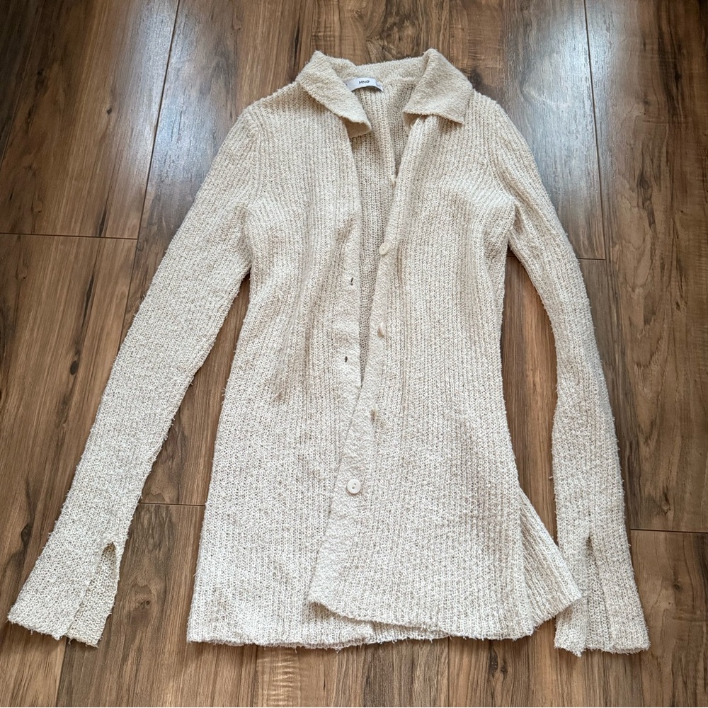 Mango Cream Collared Button-Front Knit Cardigan